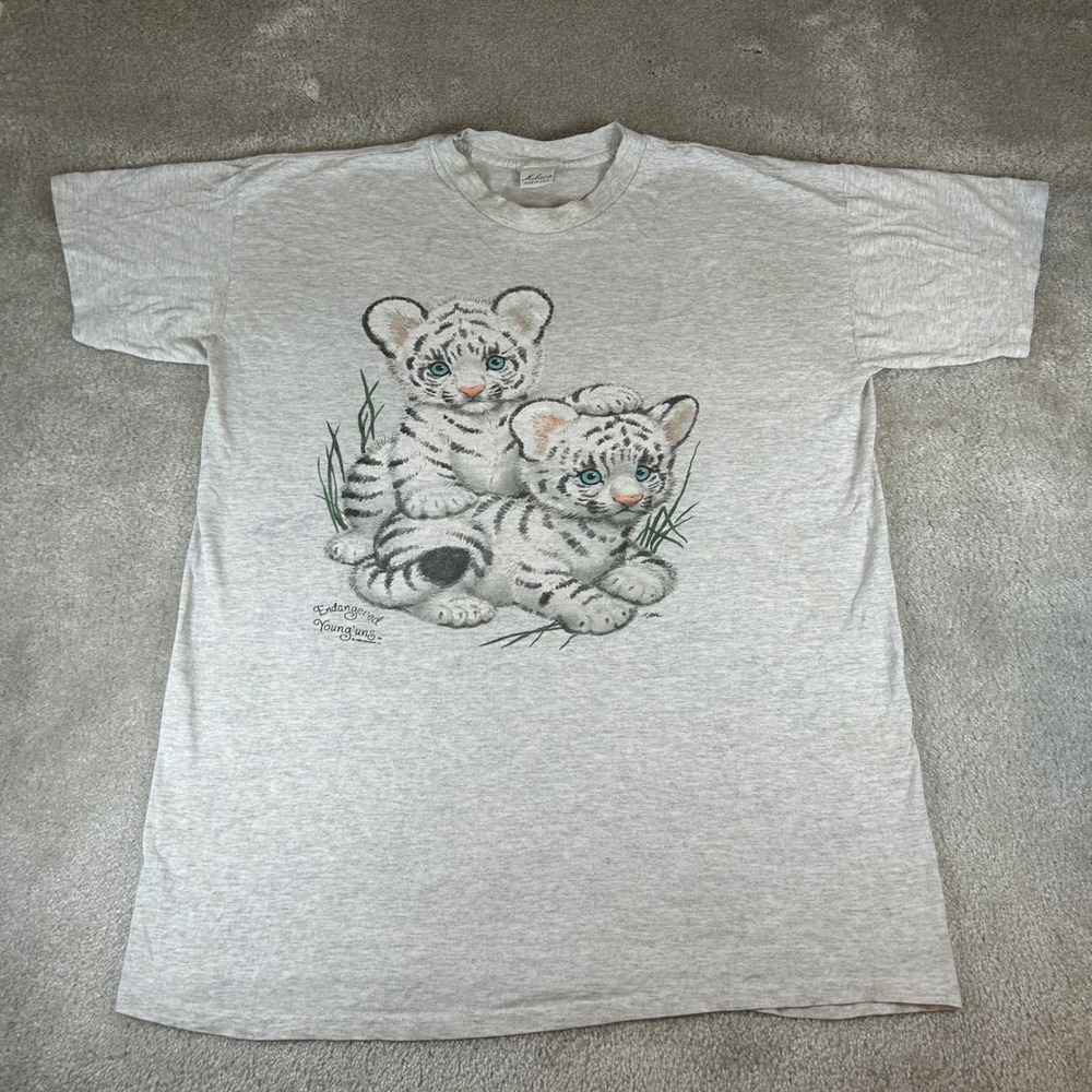 Vintage 90s Milaca White Tiger Cubs T-Shirt Mens XL Grey Endangered Younguns USA